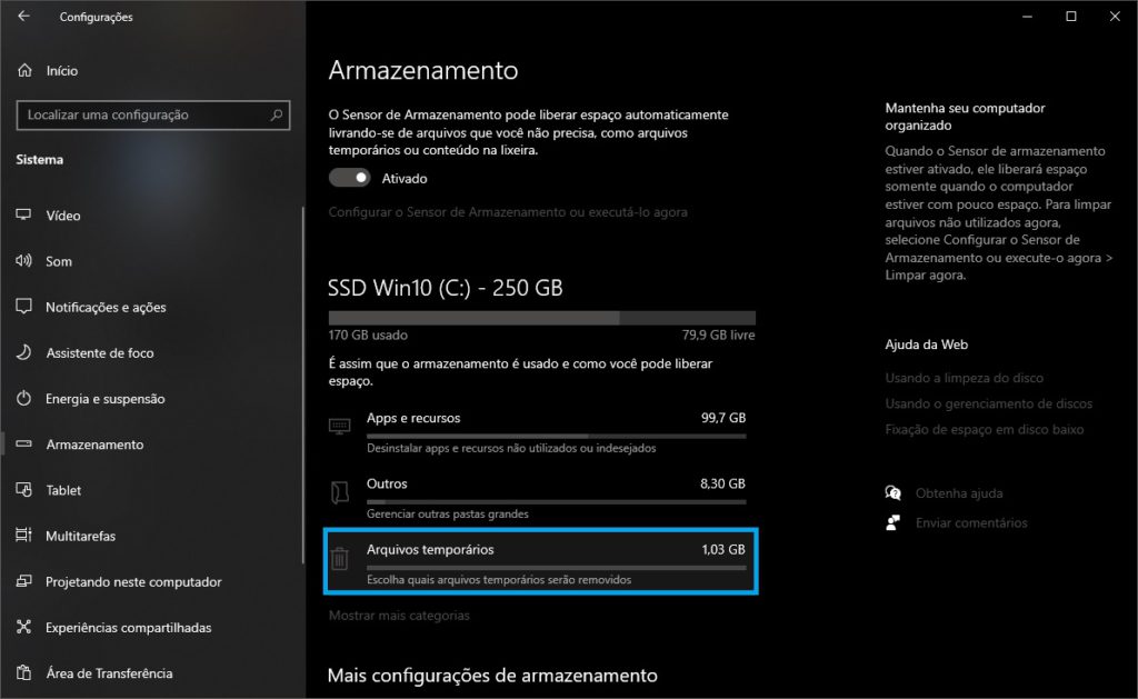 Utilizar Sensor De Armazenamento Para Otimizar O Windows 10 1505
